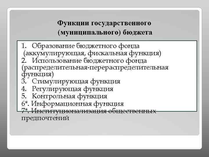 Функции государственного (муниципального) бюджета 1. Образование бюджетного фонда (аккумулирующая, фискальная функция) 2. Использование бюджетного