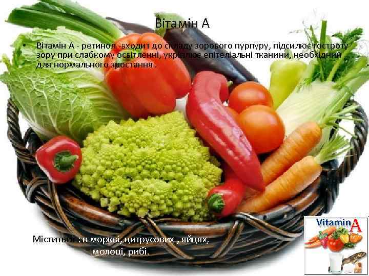 Вітамін А • Вітамін А - ретинол -входит до складу зорового пурпуру, підсилює гостроту