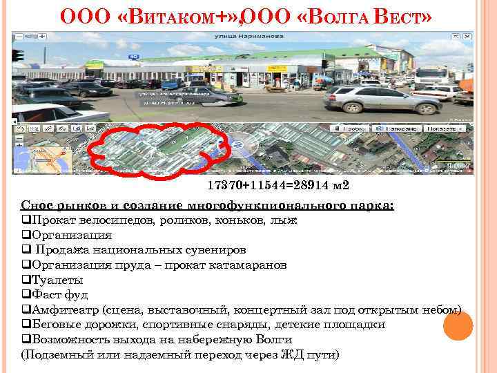 ООО «ВИТАКОМ+» , ООО «ВОЛГА ВЕСТ» 17370+11544=28914 м 2 Снос рынков и создание многофункционального