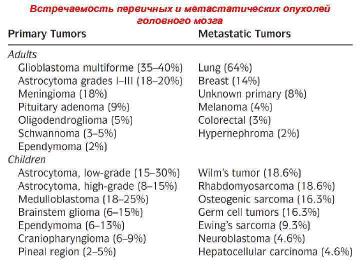 Встречаемость первичных и метастатических опухолей головного мозга 25 