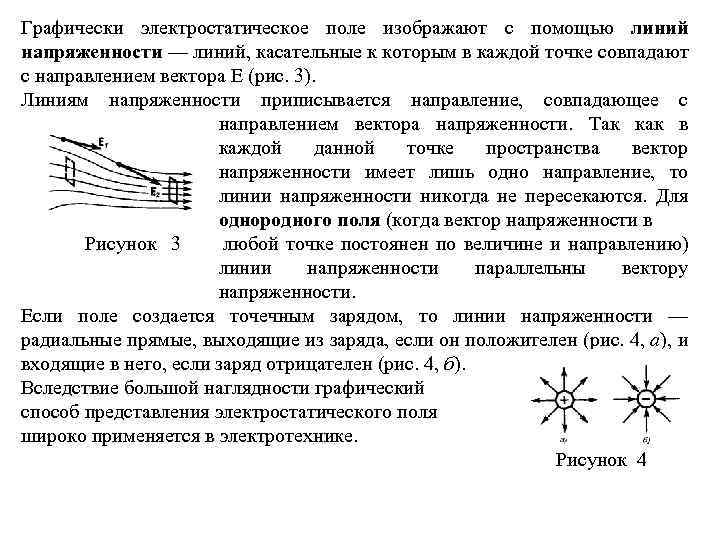 Графически электростатическое поле изображают с помощью линий напряженности — линий, касательные к которым в