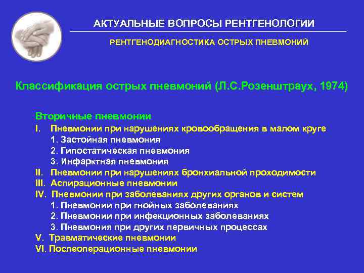 АКТУАЛЬНЫЕ ВОПРОСЫ РЕНТГЕНОЛОГИИ РЕНТГЕНОДИАГНОСТИКА ОСТРЫХ ПНЕВМОНИЙ Классификация острых пневмоний (Л. С. Розенштраух, 1974) Вторичные