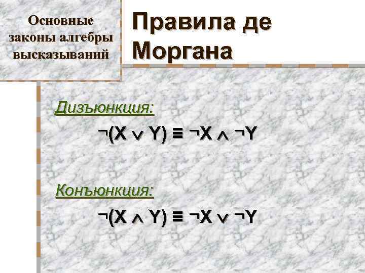 Основные законы алгебры высказываний Правила де Моргана Дизъюнкция: ¬(X Y) ≡ ¬X ¬Y Конъюнкция: