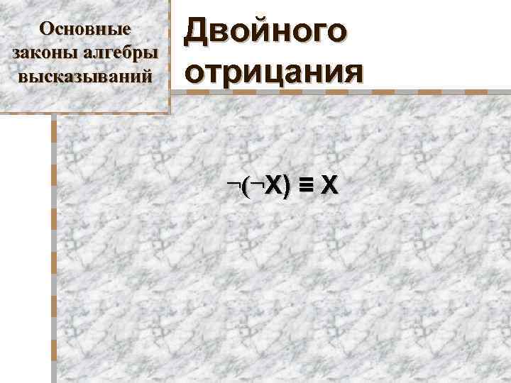 Основные законы алгебры высказываний Двойного отрицания ¬(¬X) ≡ X 