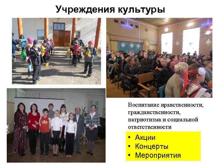 Учреждения культуры Воспитание нравственности, гражданственности, патриотизма и социальной ответственности • Акции • Концерты •