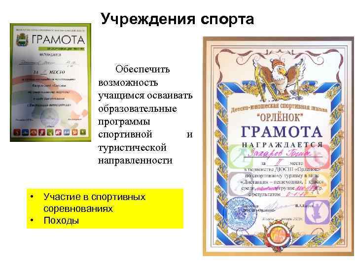 Учреждения спорта Обеспечить возможность учащимся осваивать образовательные программы спортивной и туристической направленности • Участие