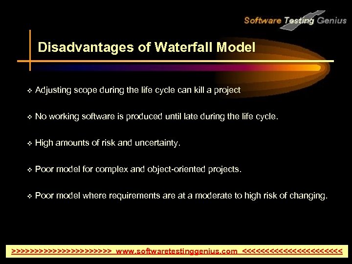 Disadvantages of Waterfall Model v Adjusting scope during the life cycle can kill a