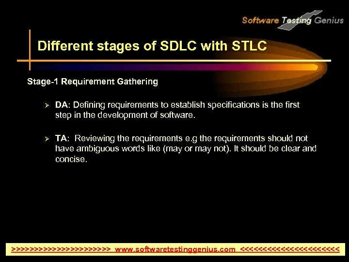 Different stages of SDLC with STLC Stage-1 Requirement Gathering Ø DA: Defining requirements to