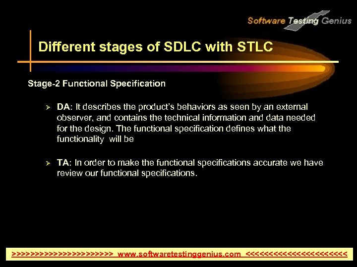 Different stages of SDLC with STLC Stage-2 Functional Specification Ø DA: It describes the