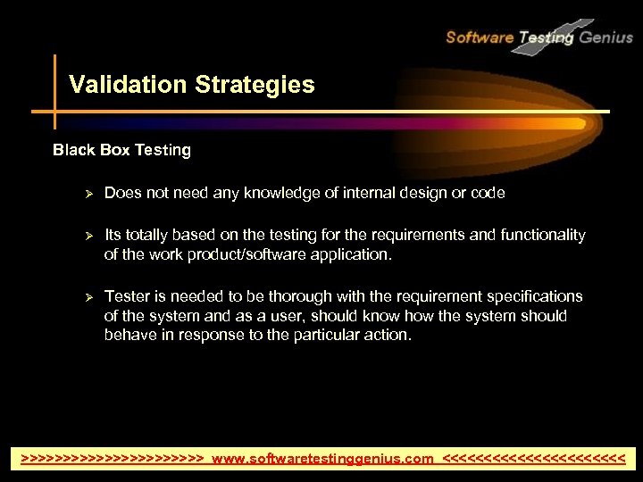 Validation Strategies Black Box Testing Ø Does not need any knowledge of internal design