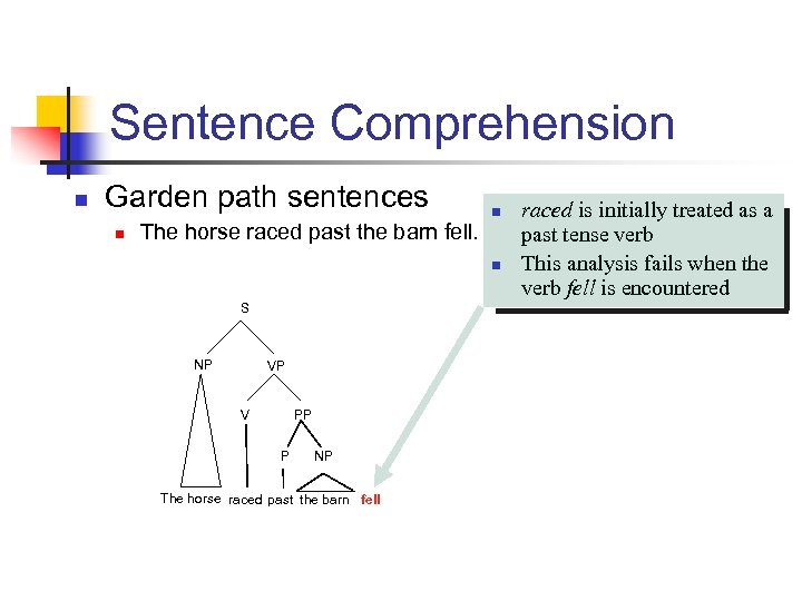 Sentence Comprehension n Garden path sentences n The horse raced past the barn fell.