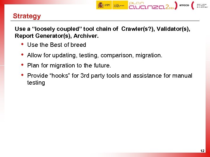 Strategy Use a “loosely coupled” tool chain of Crawler(s? ), Validator(s), Report Generator(s), Archiver.