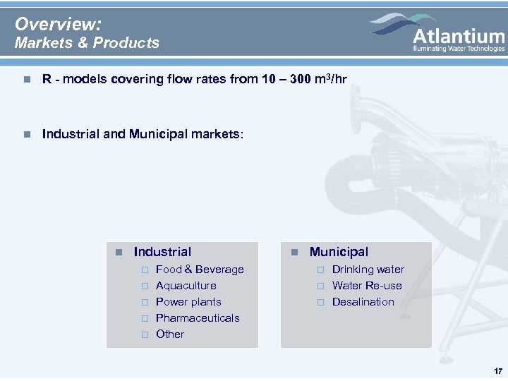 Overview: Markets & Products n R - models covering flow rates from 10 –