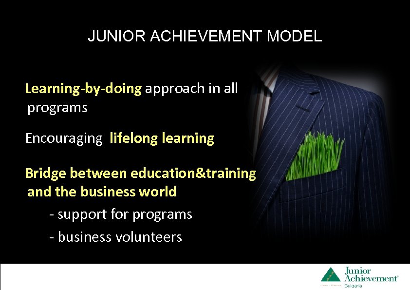 JUNIOR ACHIEVEMENT MODEL Learning-by-doing approach in all 28 pt 32 pt Smallest __ __