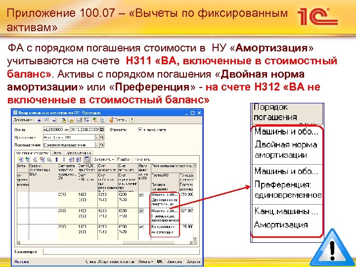 Приложение 100. 07 – «Вычеты по фиксированным активам» ФА с порядком погашения стоимости в