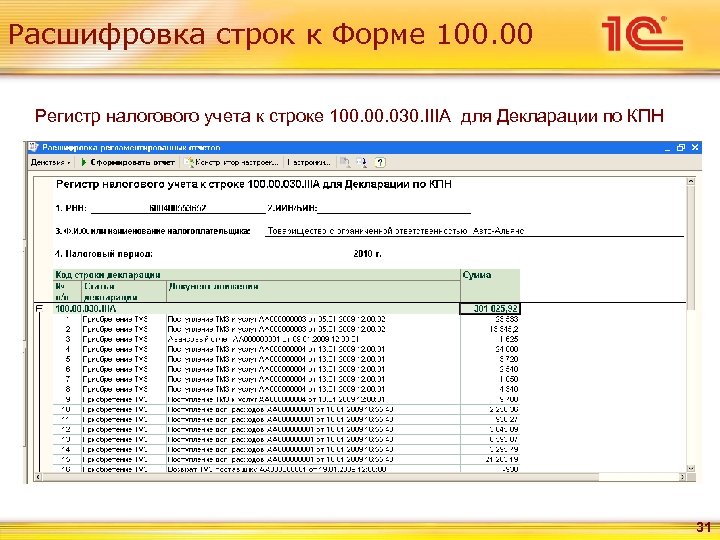 Расшифровка строк к Форме 100. 00 Регистр налогового учета к строке 100. 030. IIIА