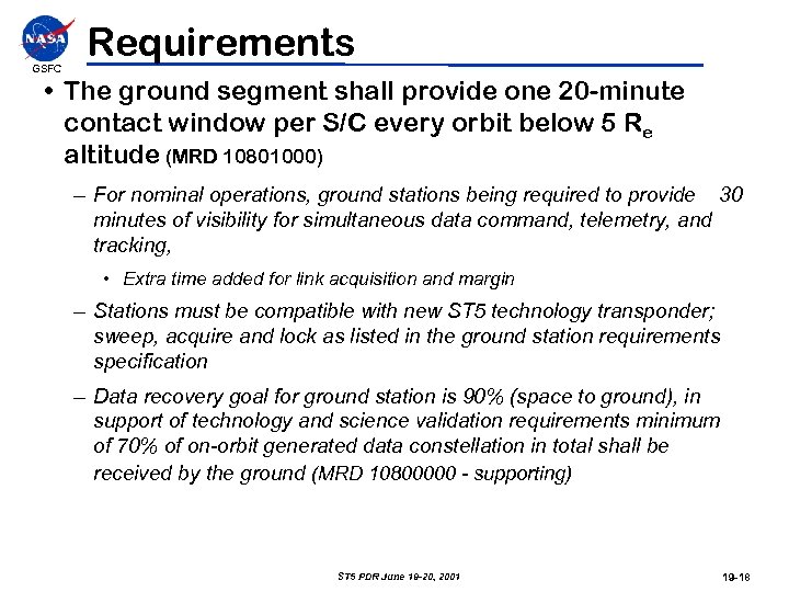 GSFC Requirements • The ground segment shall provide one 20 -minute contact window per