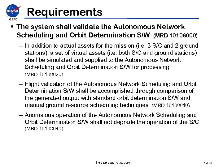 GSFC Requirements • The system shall validate the Autonomous Network Scheduling and Orbit Determination