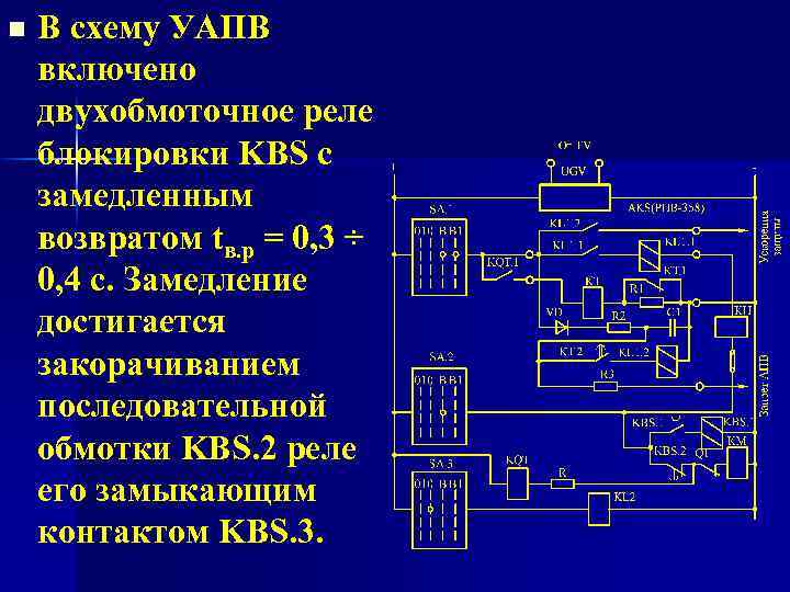 n В схему УАПВ включено двухобмоточное реле блокировки KBS с замедленным возвратом tв. р