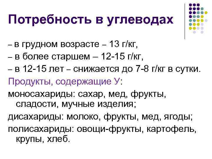 Потребность в углеводах в грудном возрасте – 13 г/кг, – в более старшем –