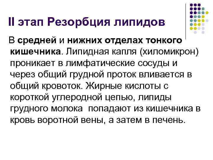 II этап Резорбция липидов В средней и нижних отделах тонкого кишечника. Липидная капля (хиломикрон)