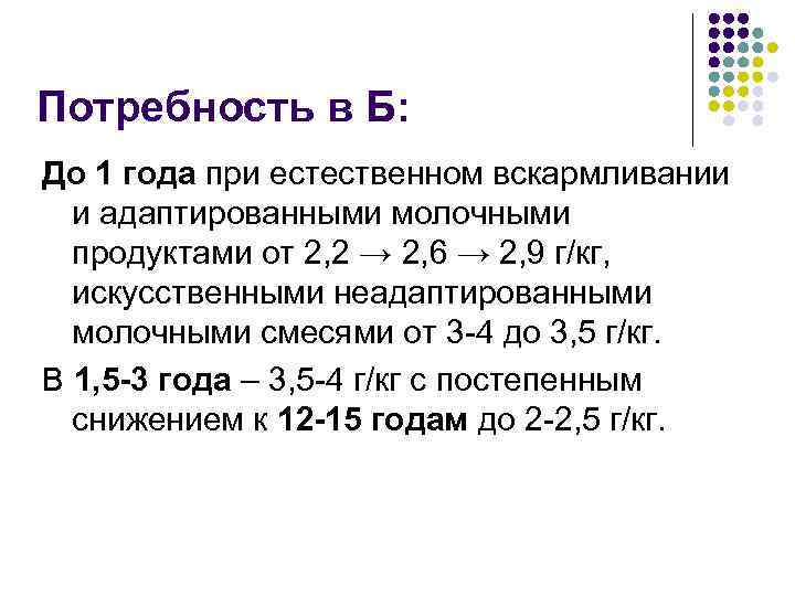 Потребность в Б: До 1 года при естественном вскармливании и адаптированными молочными продуктами от