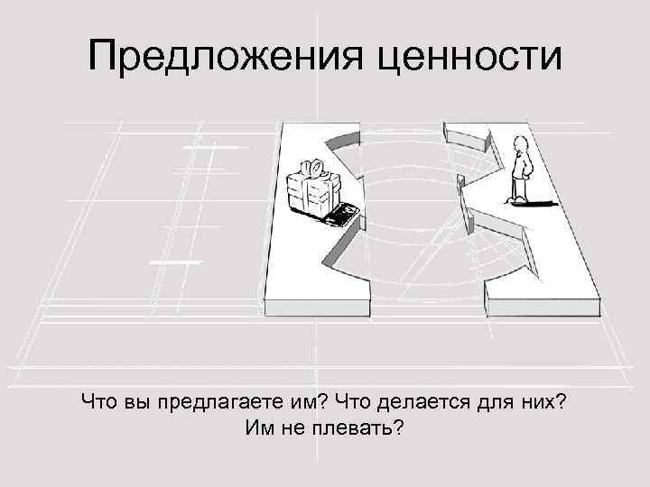 Предложения ценности Что вы предлагаете им? Что делается для них? Им не плевать? 