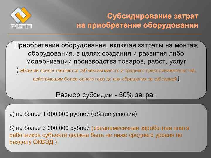 Субсидирование затрат на приобретение оборудования Приобретение оборудования, включая затраты на монтаж оборудования, в целях