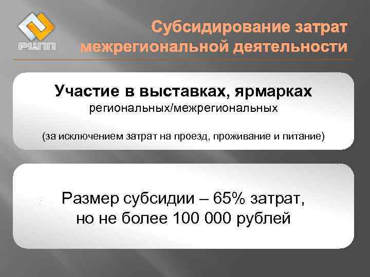 Субсидирование затрат межрегиональной деятельности Участие в выставках, ярмарках региональных/межрегиональных (за исключением затрат на проезд,
