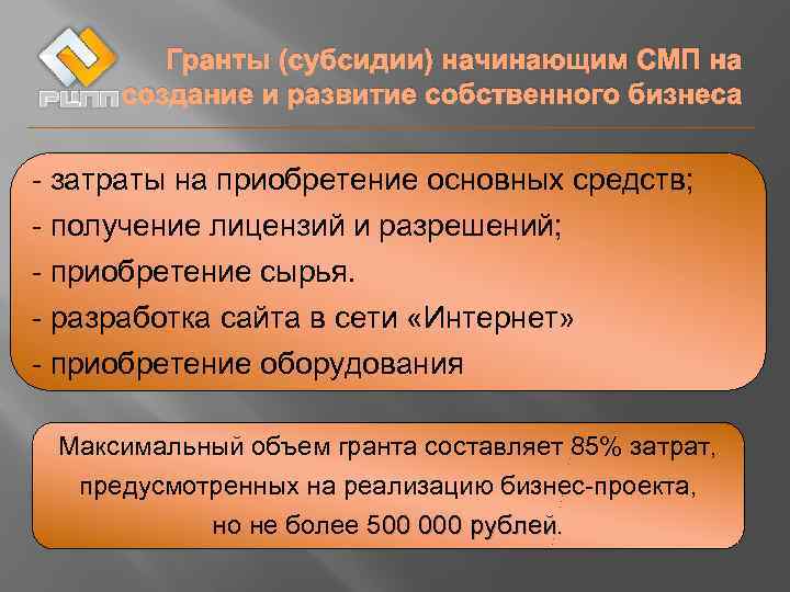 Гранты (субсидии) начинающим СМП на создание и развитие собственного бизнеса - затраты на приобретение