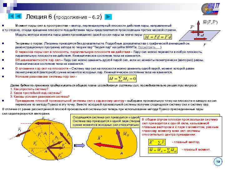 Лекция 6 (продолжение – 6. 2) Момент пары сил в пространстве – вектор, перпендикулярный
