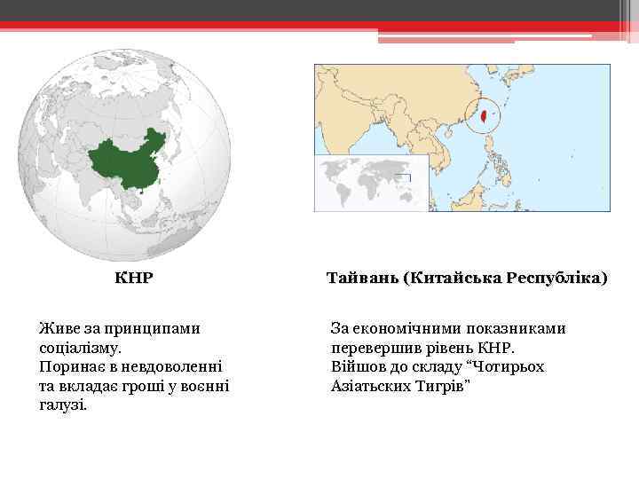  КНР Тайвань (Китайська Республіка) Живе за принципами соціалізму. Поринає в невдоволенні та вкладає