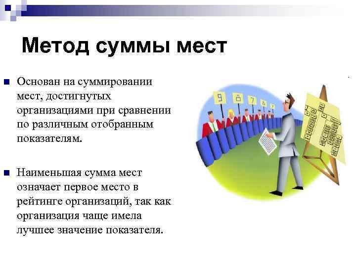 Метод суммы мест n Основан на суммировании мест, достигнутых организациями при сравнении по различным