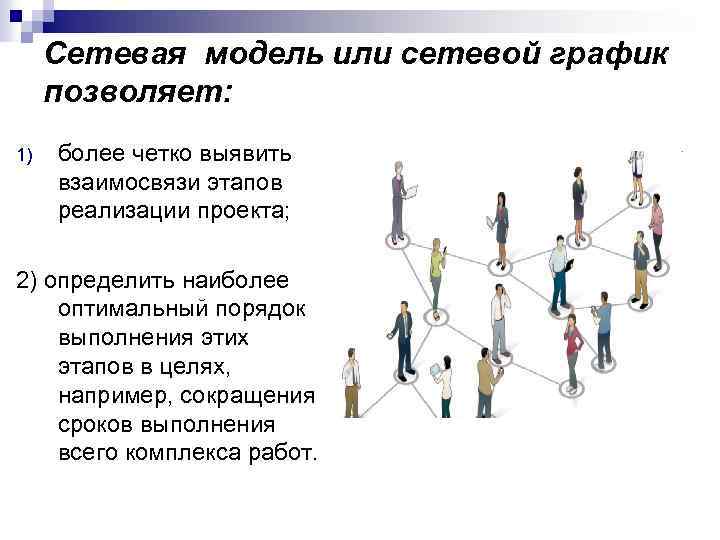 Сетевая модель или сетевой график позволяет: 1) более четко выявить взаимосвязи этапов реализации проекта;
