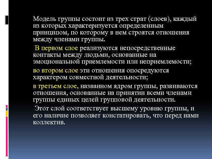 Модель группы состоит из трех страт (слоев), каждый из которых характеризуется определенным принципом, по