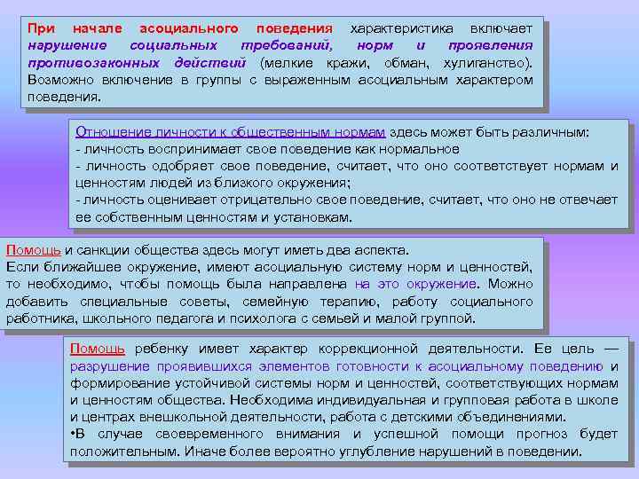 При начале асоциального поведения характеристика включает нарушение социальных требований, норм и проявления противозаконных действий