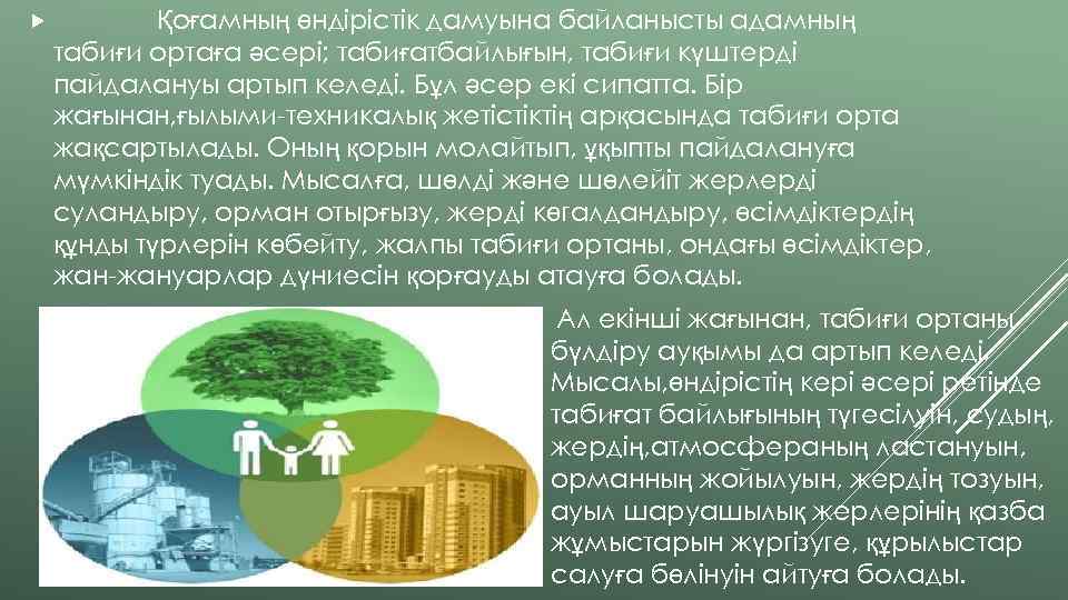  Қоғамның өндірістік дамуына байланысты адамның табиғи ортаға әсері; табиғатбайлығын, табиғи күштерді пайдалануы артып