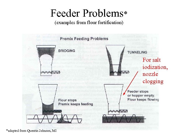 Feeder Problems* (examples from flour fortification) For salt iodization, nozzle clogging *adapted from Quentin