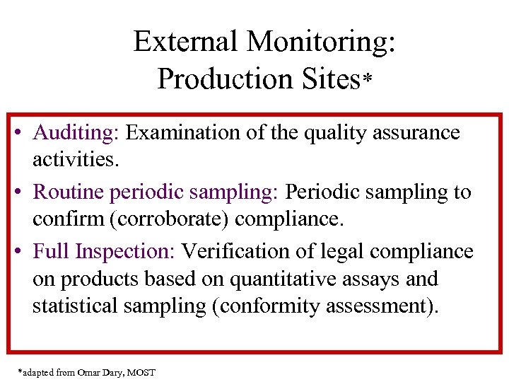 External Monitoring: Production Sites* • Auditing: Examination of the quality assurance activities. • Routine