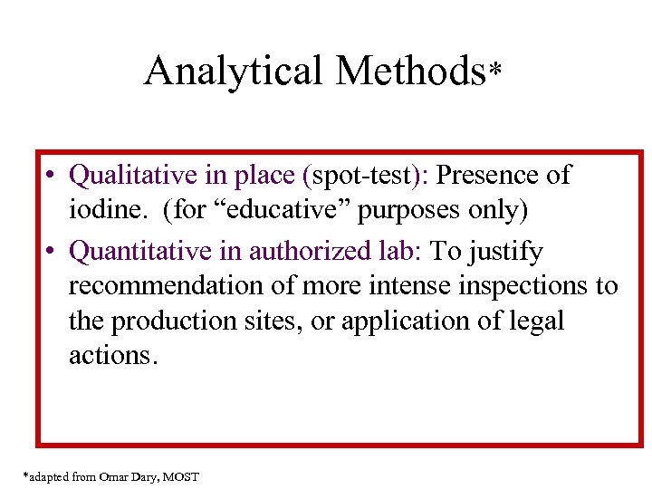 Analytical Methods* • Qualitative in place (spot-test): Presence of iodine. (for “educative” purposes only)