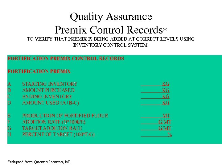 Quality Assurance Premix Control Records* TO VERIFY THAT PREMIX IS BEING ADDED AT CORRECT