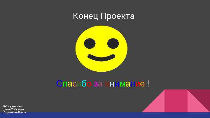 Конец Проекта Спасибо за внимание ! Работу выполнил ученик “ 6 А” класса Дворниченко