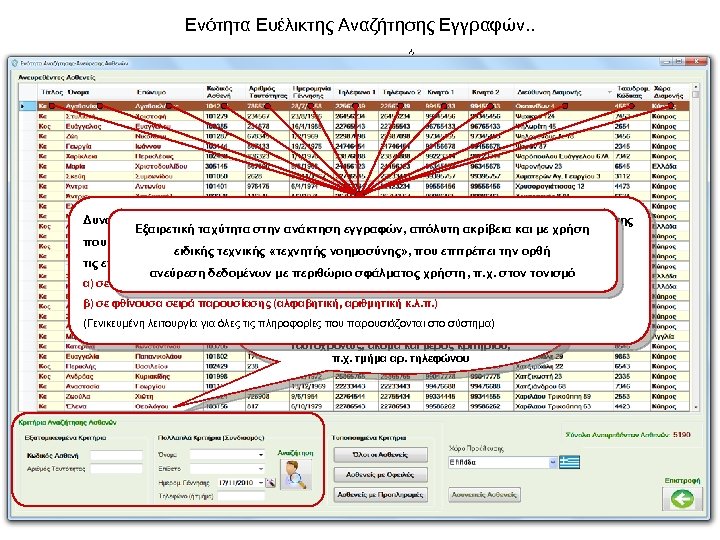 Ενότητα Ευέλικτης Αναζήτησης Εγγραφών. . Δυνατότητα ταξινόμησης των στοιχείων του συστήματος βάσει της προτιμώμενης