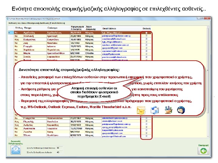 Ενότητα αποστολής ατομικής/μαζικής αλληλογραφίας σε επιλεχθέντες ασθενείς. . Δυνατότητα αποστολής ατομικής/μαζικής αλληλογραφίας: - Απευθείας