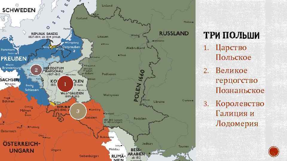 1. Царство Польское 2. Великое 2 герцогство Познаньское 1 3. Королевство 3 Галиция и