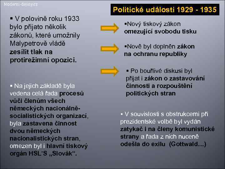Moderni-dejiny. cz V polovině roku 1933 bylo přijato několik zákonů, které umožnily Malypetrově vládě