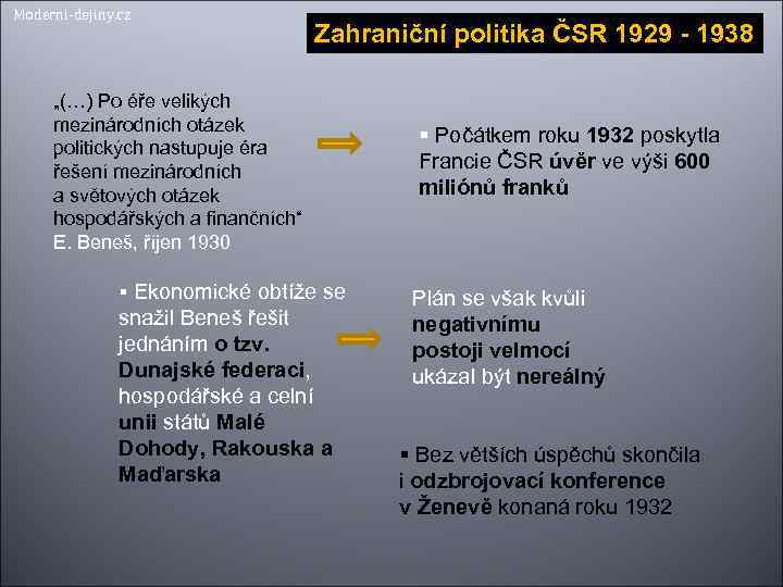 Moderni-dejiny. cz Zahraniční politika ČSR 1929 - 1938 „(…) Po éře velikých mezinárodních otázek