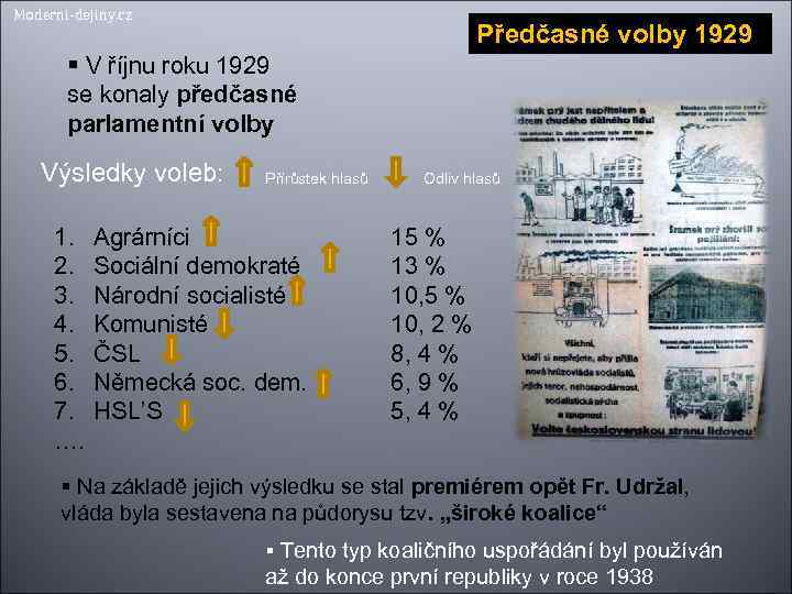 Moderni-dejiny. cz Předčasné volby 1929 V říjnu roku 1929 se konaly předčasné parlamentní volby