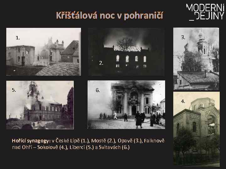 Křišťálová noc v pohraničí 3. 1. 2. 5. 6. 4. Hořící synagogy: v České
