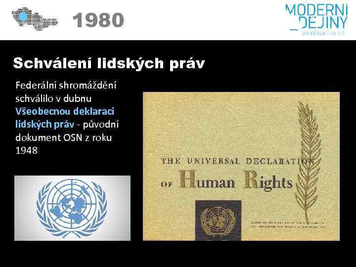 1980 Schválení lidských práv Federální shromáždění schválilo v dubnu Všeobecnou deklaraci lidských práv -